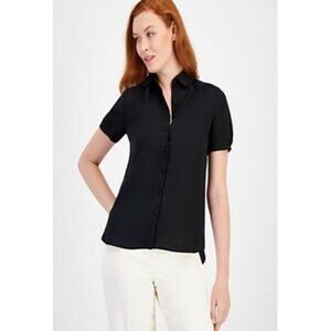 Anne Klein Womens Size 10 Black Collared Shirred Button-Front Blouse Top NEW